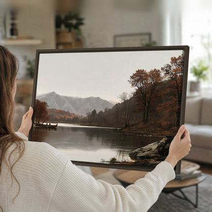 Autumn mountain lake rowboat painting framed canvas held in hands