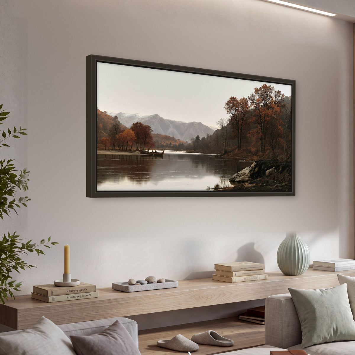 Autumn mountain lake rowboat painting framed canvas wall art in a living room above a console