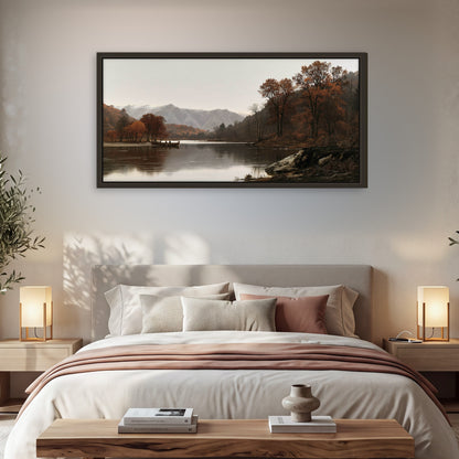 Autumn mountain lake rowboat painting framed canvas wall art in a bedroom above the bed