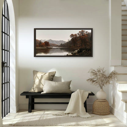 Autumn mountain lake rowboat painting framed canvas wall art in an entryway above a bench