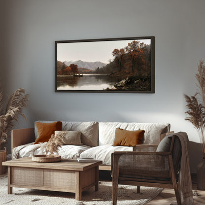 Autumn mountain lake rowboat painting framed canvas wall art in a rustic living room