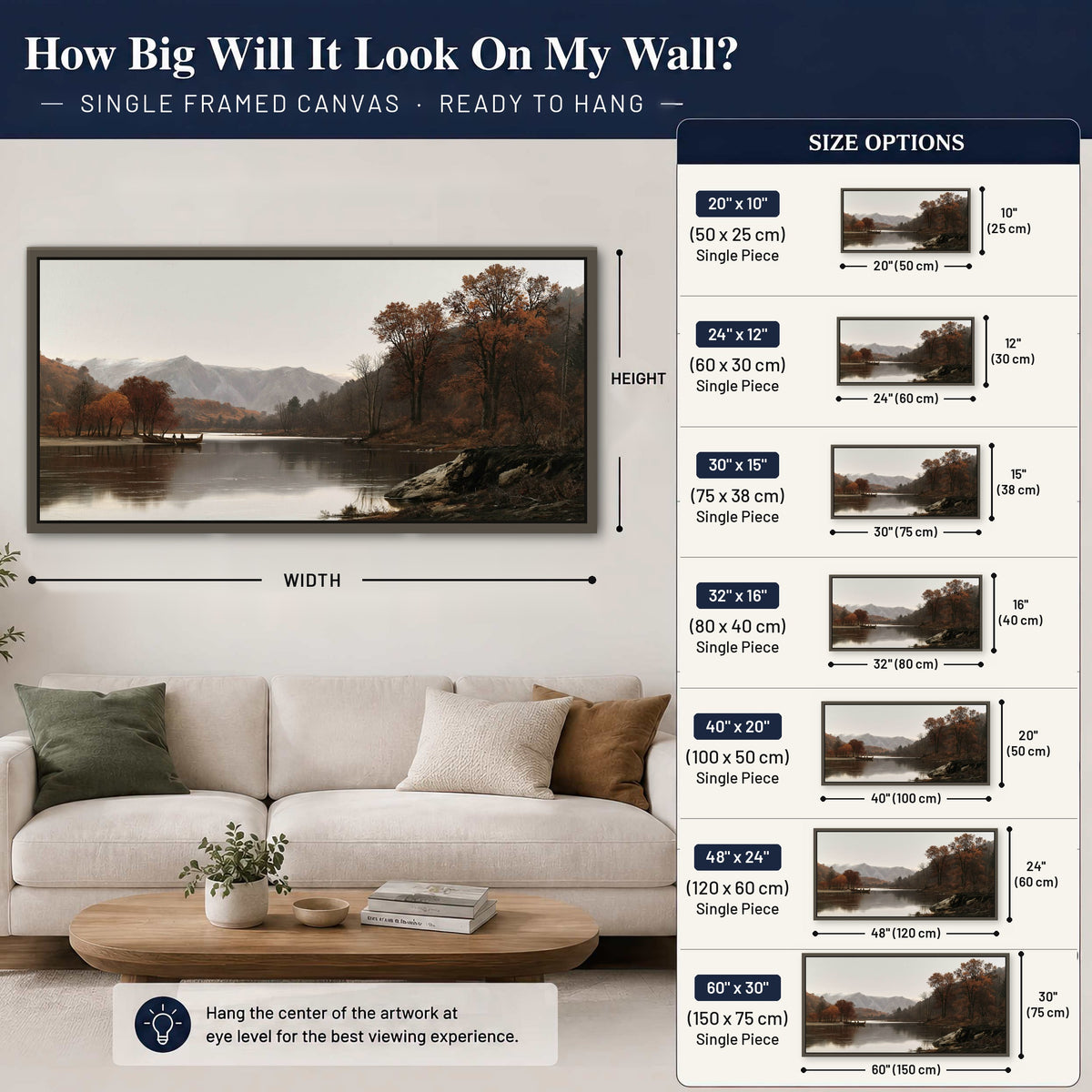 Autumn mountain lake rowboat painting framed canvas wall art size guide above a sofa