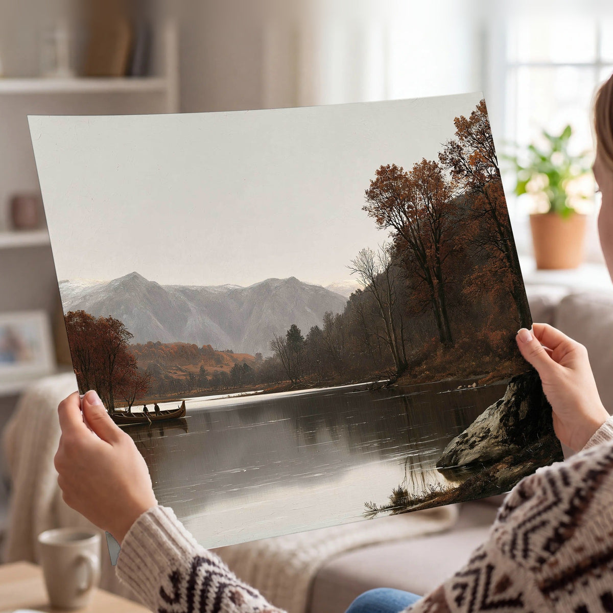Autumn mountain lake rowboat painting poster print held in hands