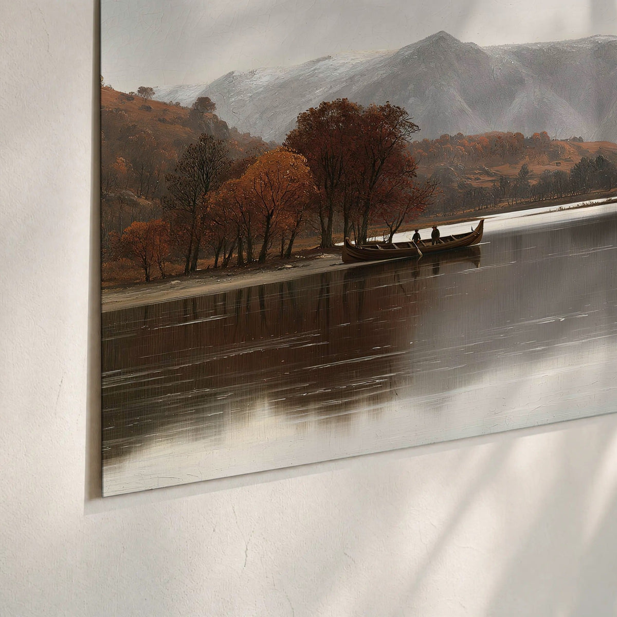 Autumn mountain lake rowboat painting poster print close-up on matte paper