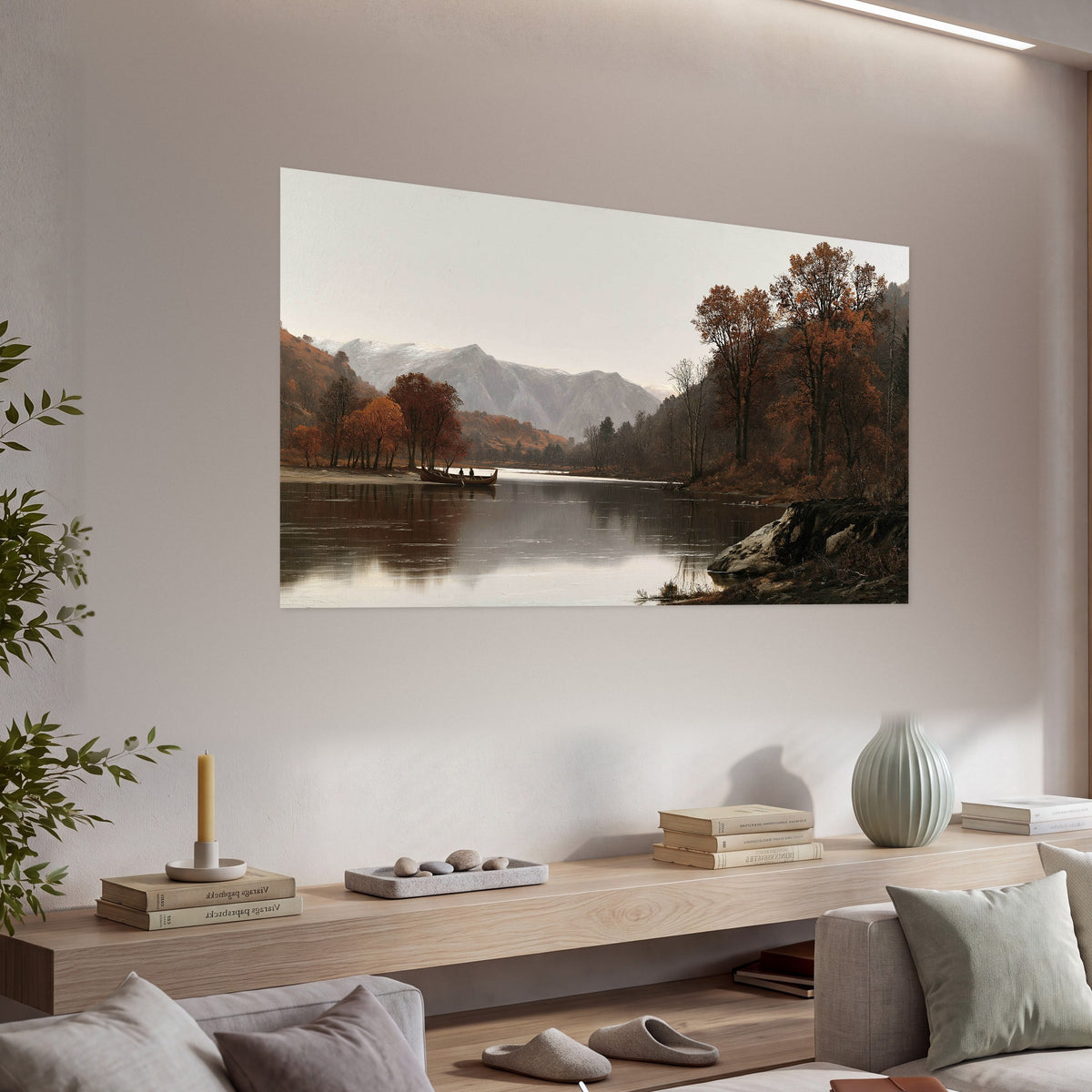 Autumn mountain lake rowboat painting poster print in a living room above a console