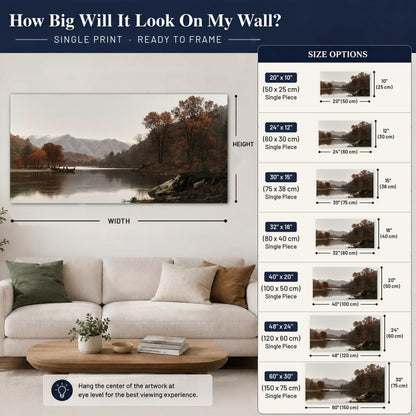 Autumn mountain lake rowboat painting poster print size guide above a sofa