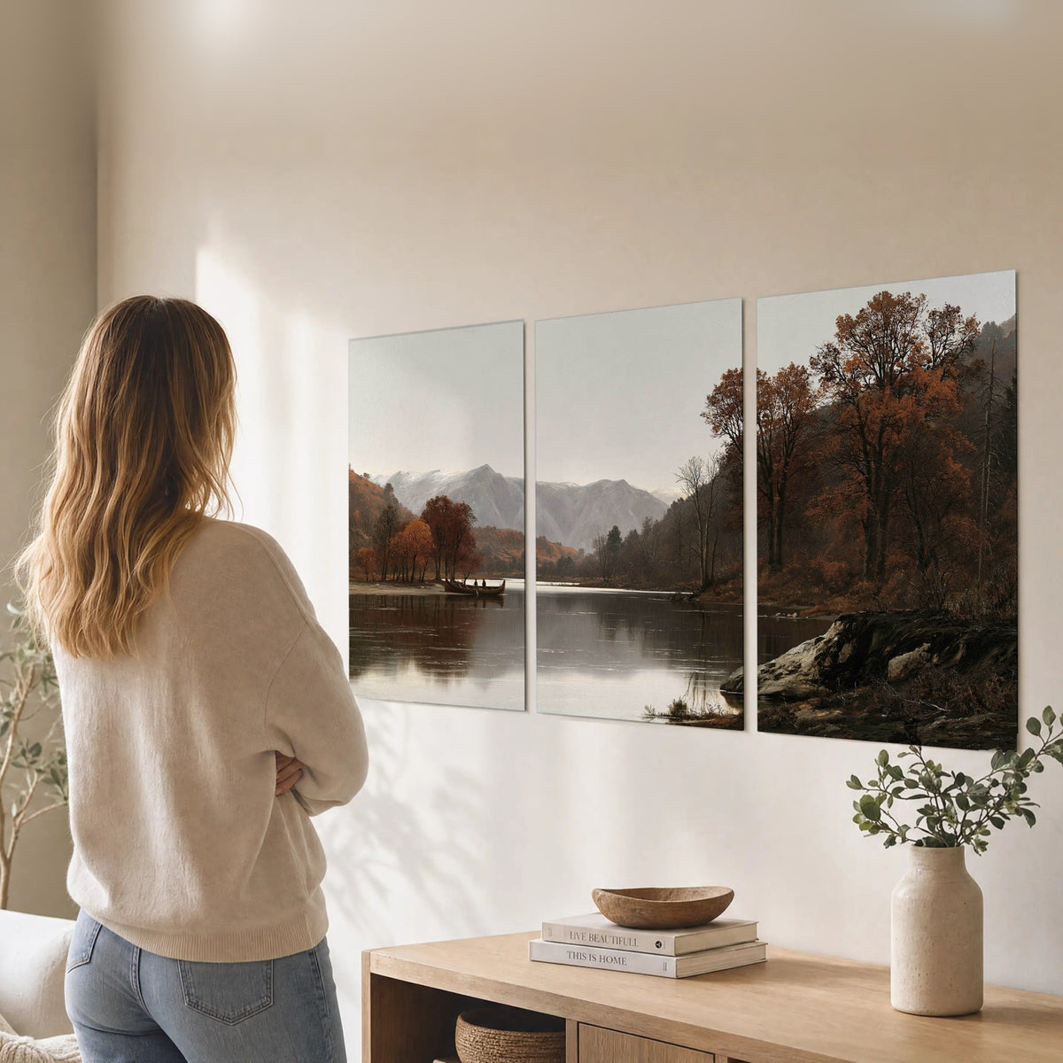 Autumn mountain lake rowboat painting set of 3 poster prints in a living room