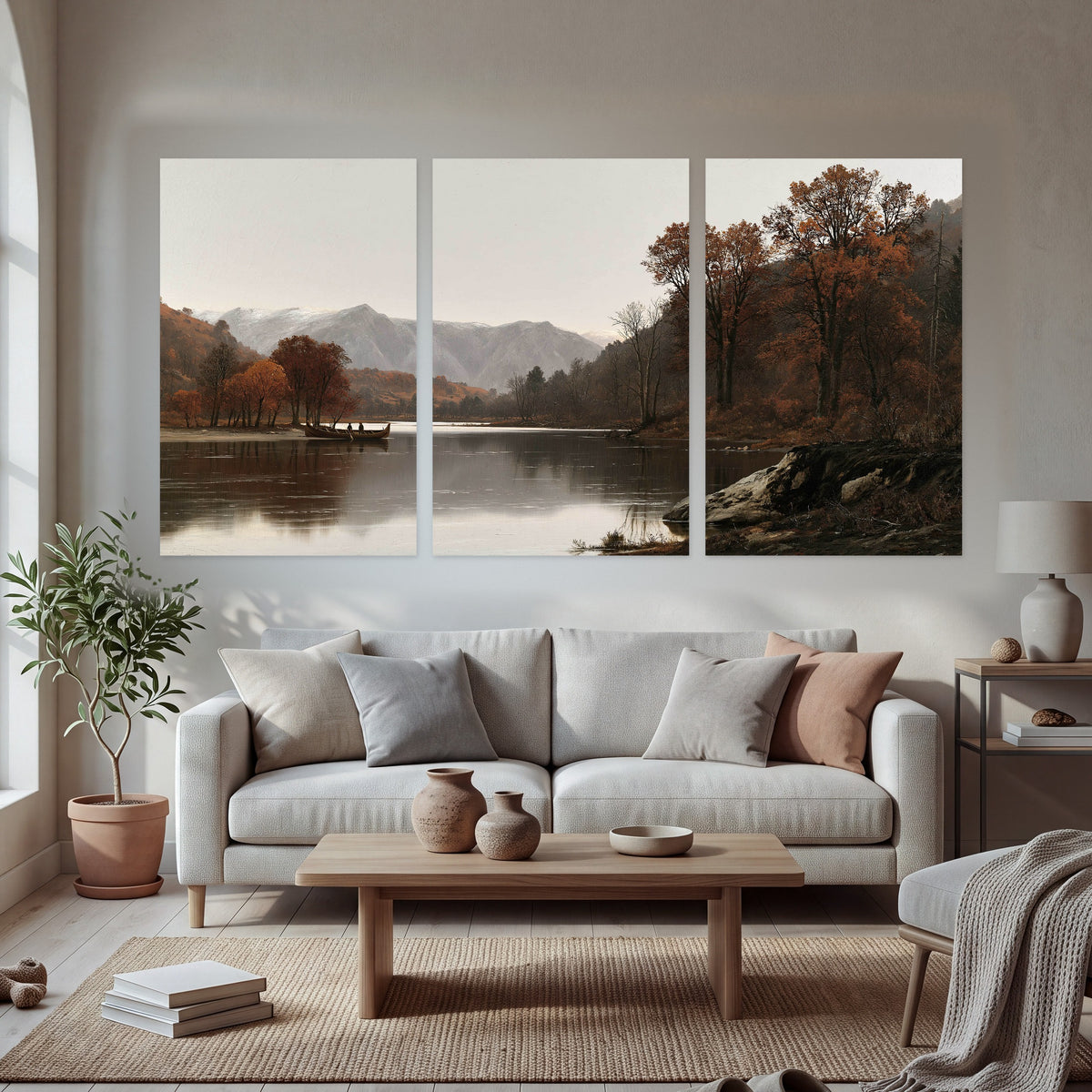 Autumn mountain lake rowboat painting set of 3 poster prints in a bright living room