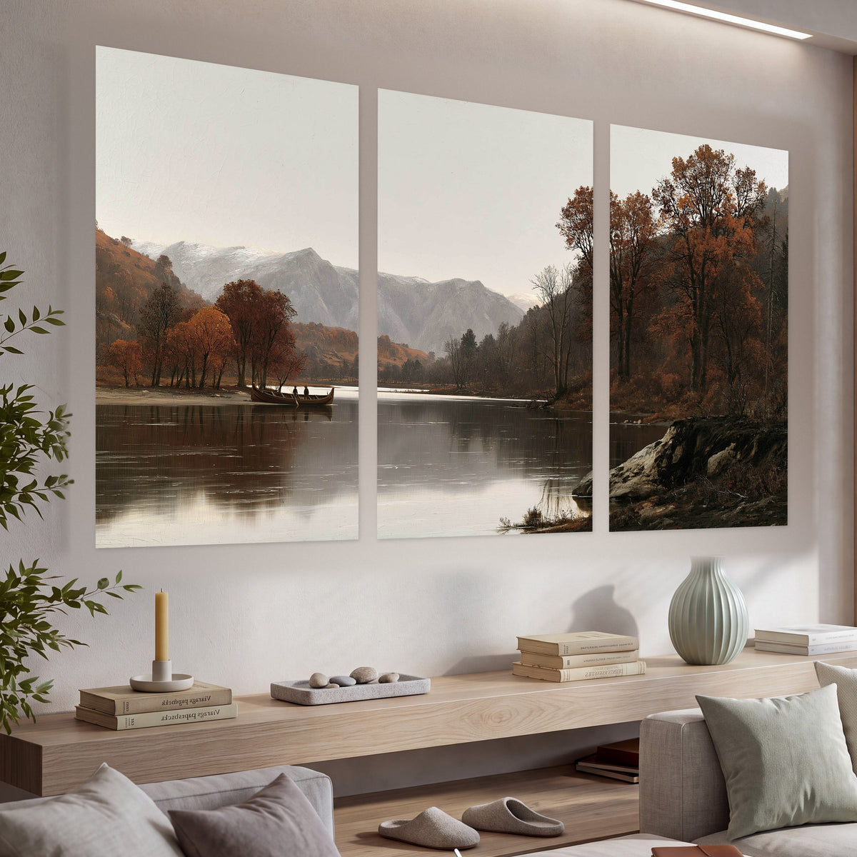 Autumn mountain lake rowboat painting set of 3 poster prints in a living room above a console