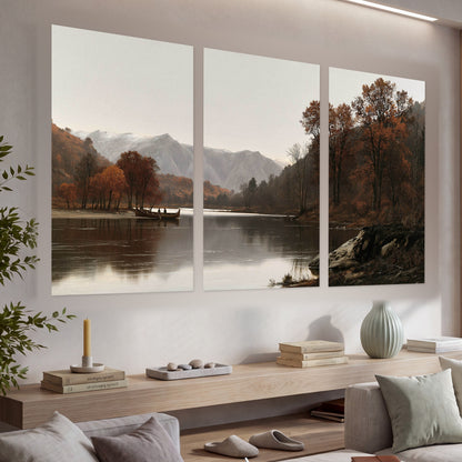 Autumn mountain lake rowboat painting set of 3 poster prints in a living room above a console