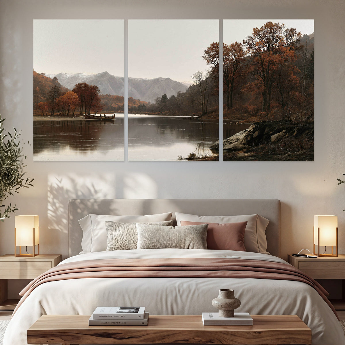 Autumn mountain lake rowboat painting set of 3 poster prints in a bedroom above the bed