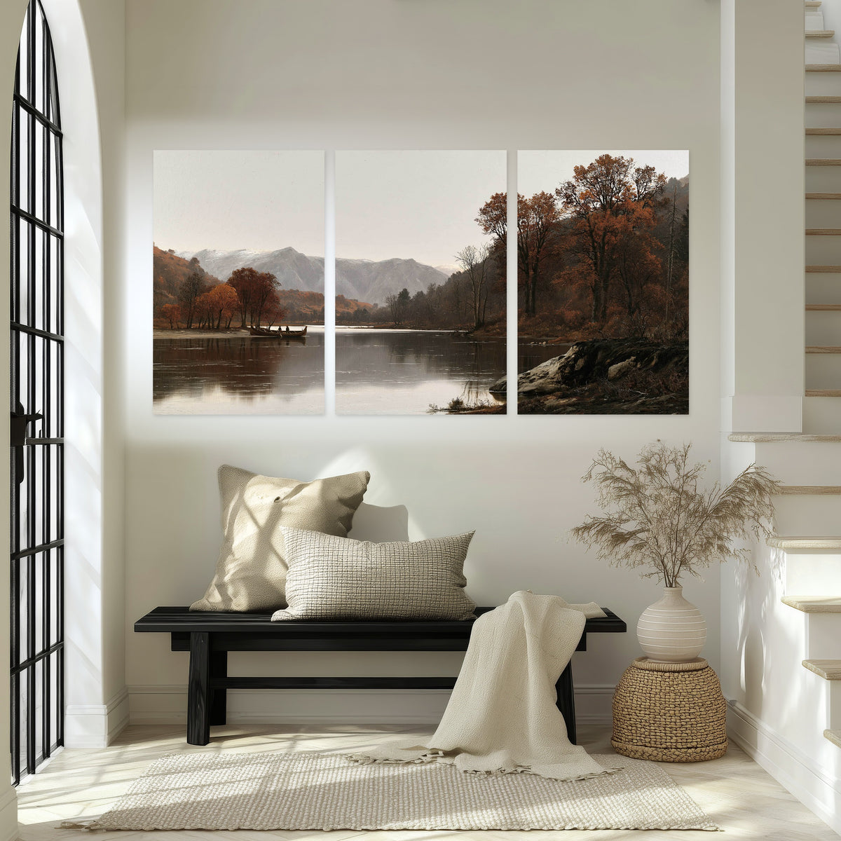 Autumn mountain lake rowboat painting set of 3 poster prints in an entryway above a bench