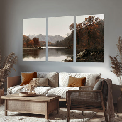 Autumn mountain lake rowboat painting set of 3 poster prints in a rustic living room