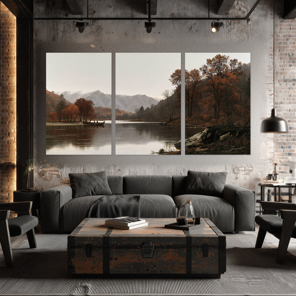 Autumn mountain lake rowboat painting set of 3 poster prints in an industrial loft