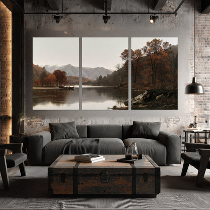 Autumn mountain lake rowboat painting set of 3 poster prints in an industrial loft