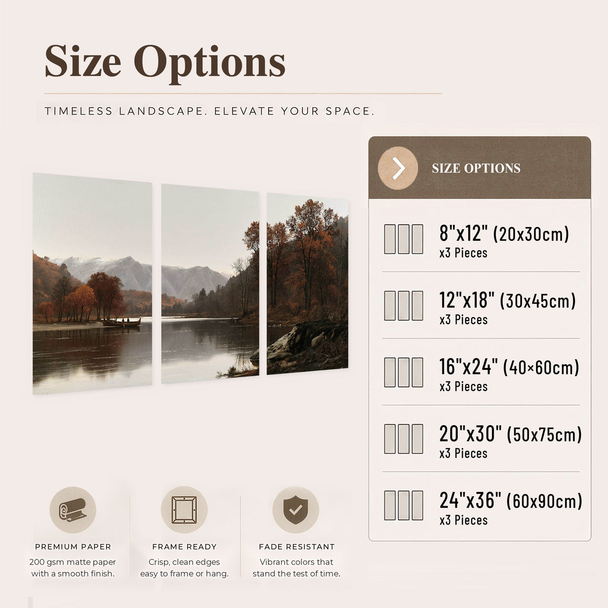 Autumn mountain lake rowboat painting set of 3 poster prints size options