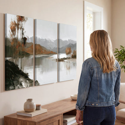 Misty mountain lake autumn painting 3 piece canvas wall art in a living room