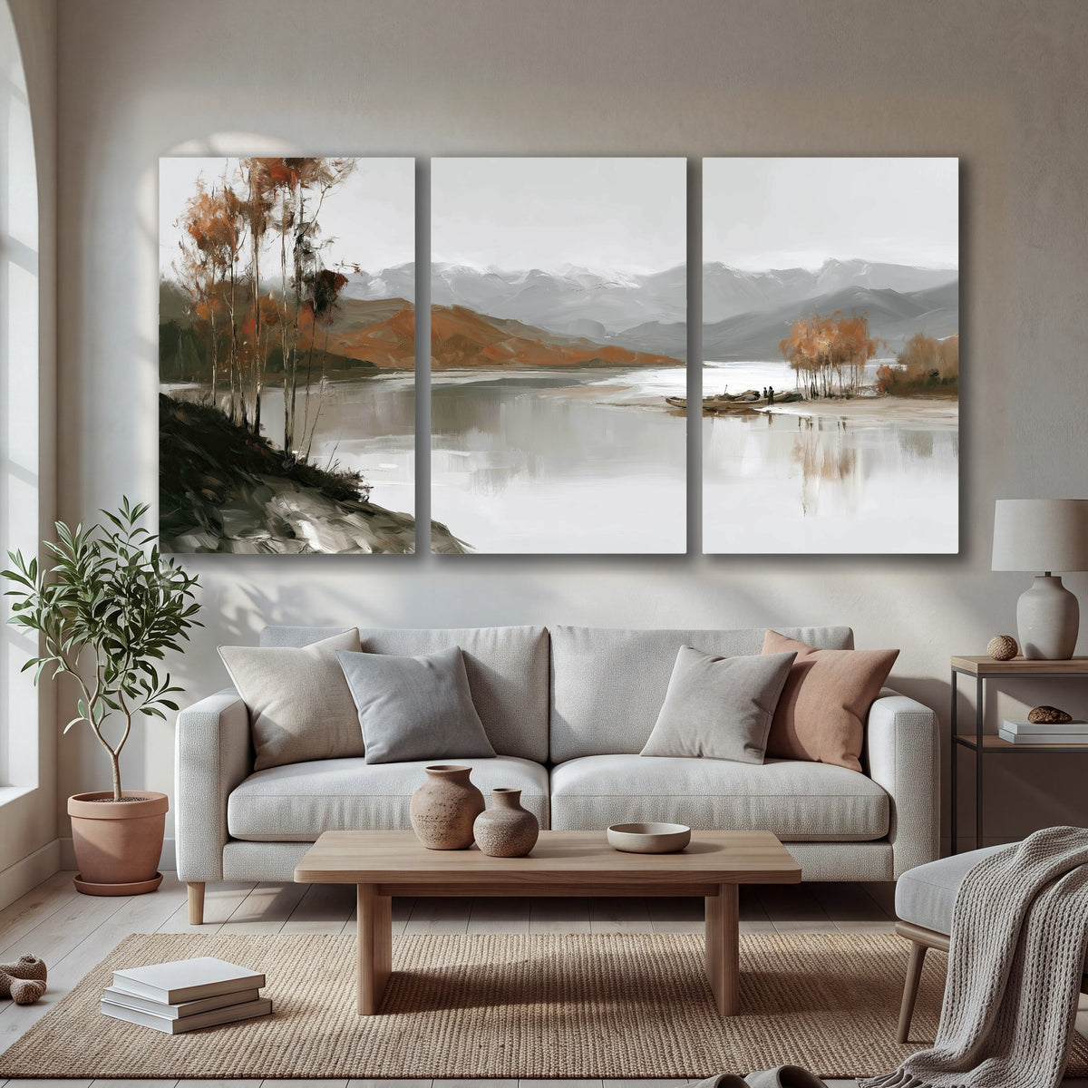 Misty mountain lake autumn painting 3 piece canvas wall art in a bright living room