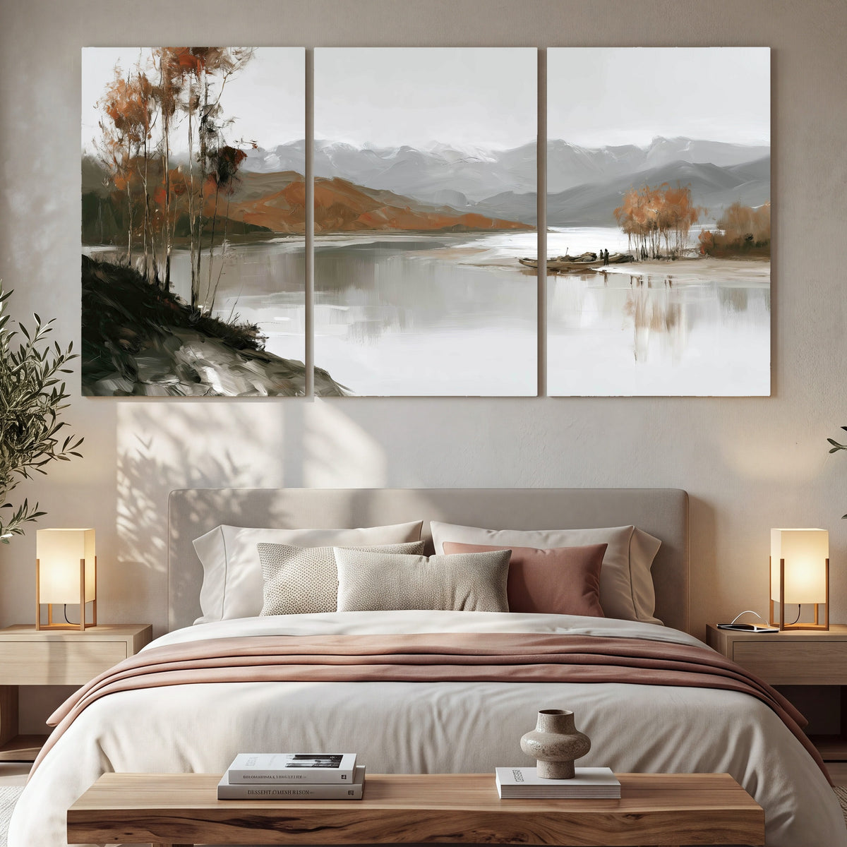 Misty mountain lake autumn painting 3 piece canvas wall art in a bedroom above the bed