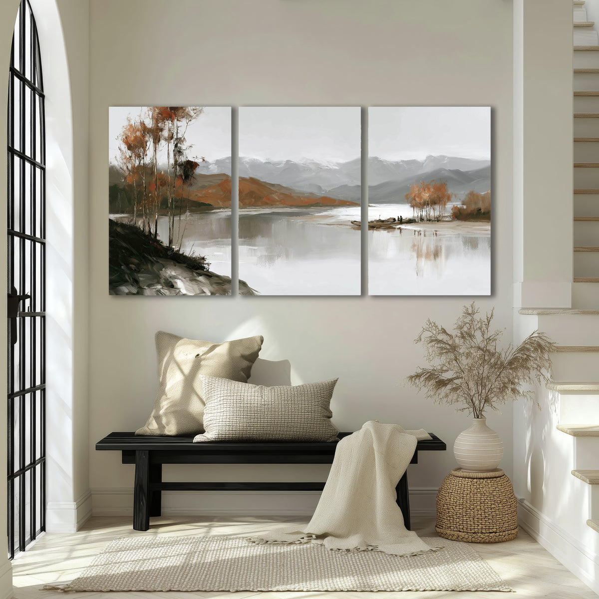 Misty mountain lake autumn painting 3 piece canvas wall art in an entryway above a bench