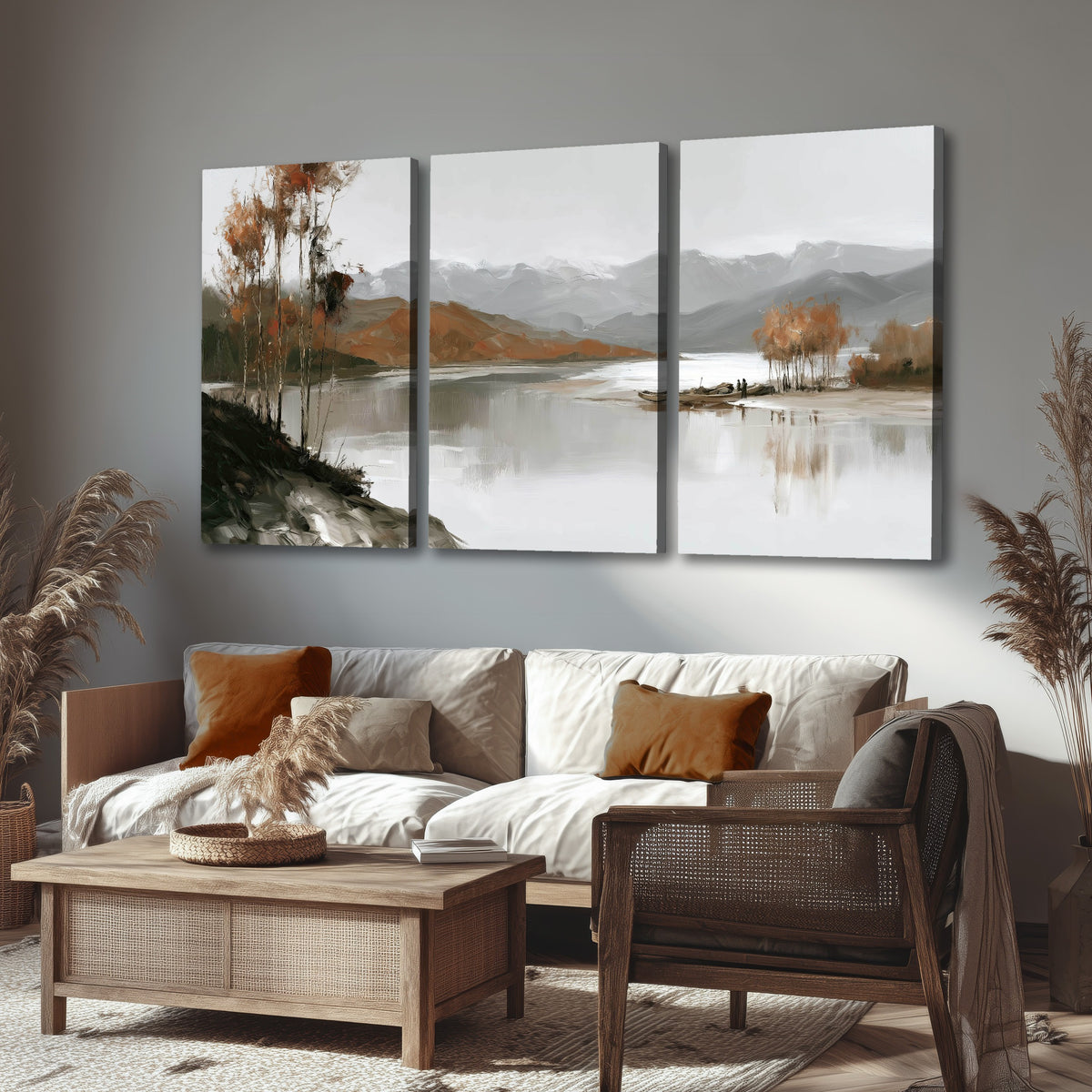 Misty mountain lake autumn painting 3 piece canvas wall art in a rustic living room