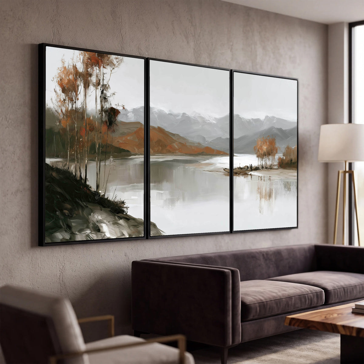 Misty mountain lake autumn painting 3 piece canvas wall art in a modern living room