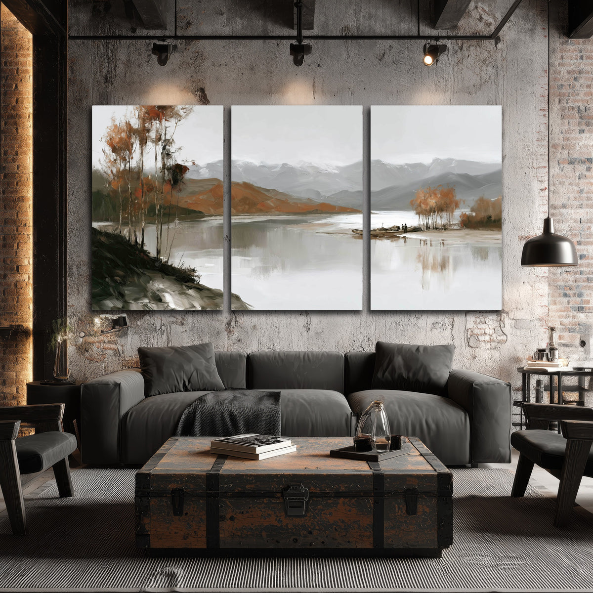 Misty mountain lake autumn painting 3 piece canvas wall art in an industrial loft