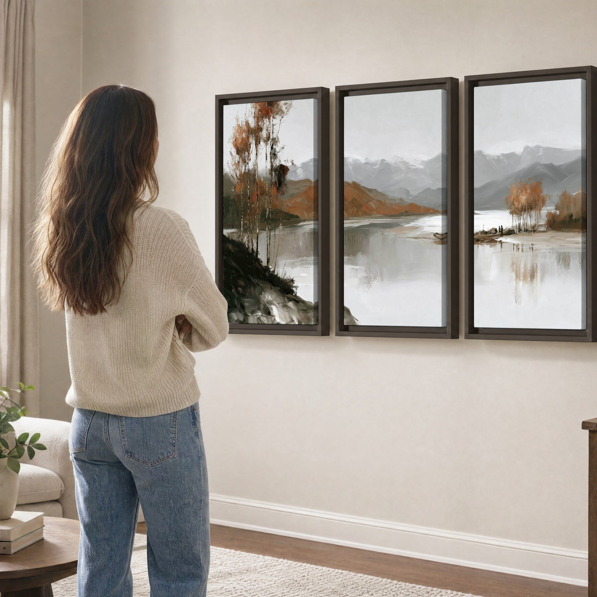 Misty mountain lake autumn painting 3 piece framed canvas in a living room