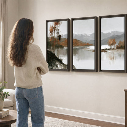 Misty mountain lake autumn painting 3 piece framed canvas in a living room