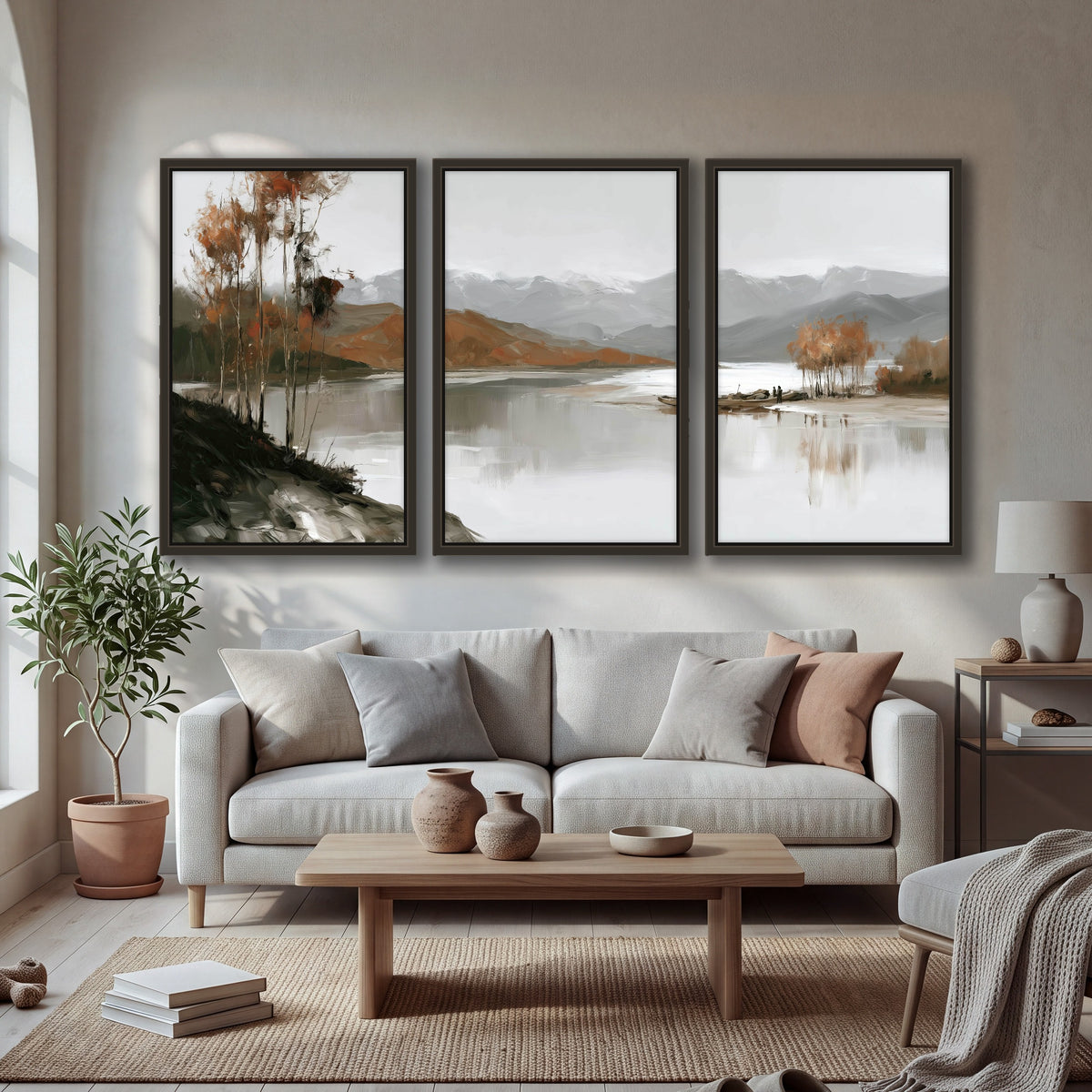 Misty mountain lake autumn painting 3 piece framed canvas in a bright living room