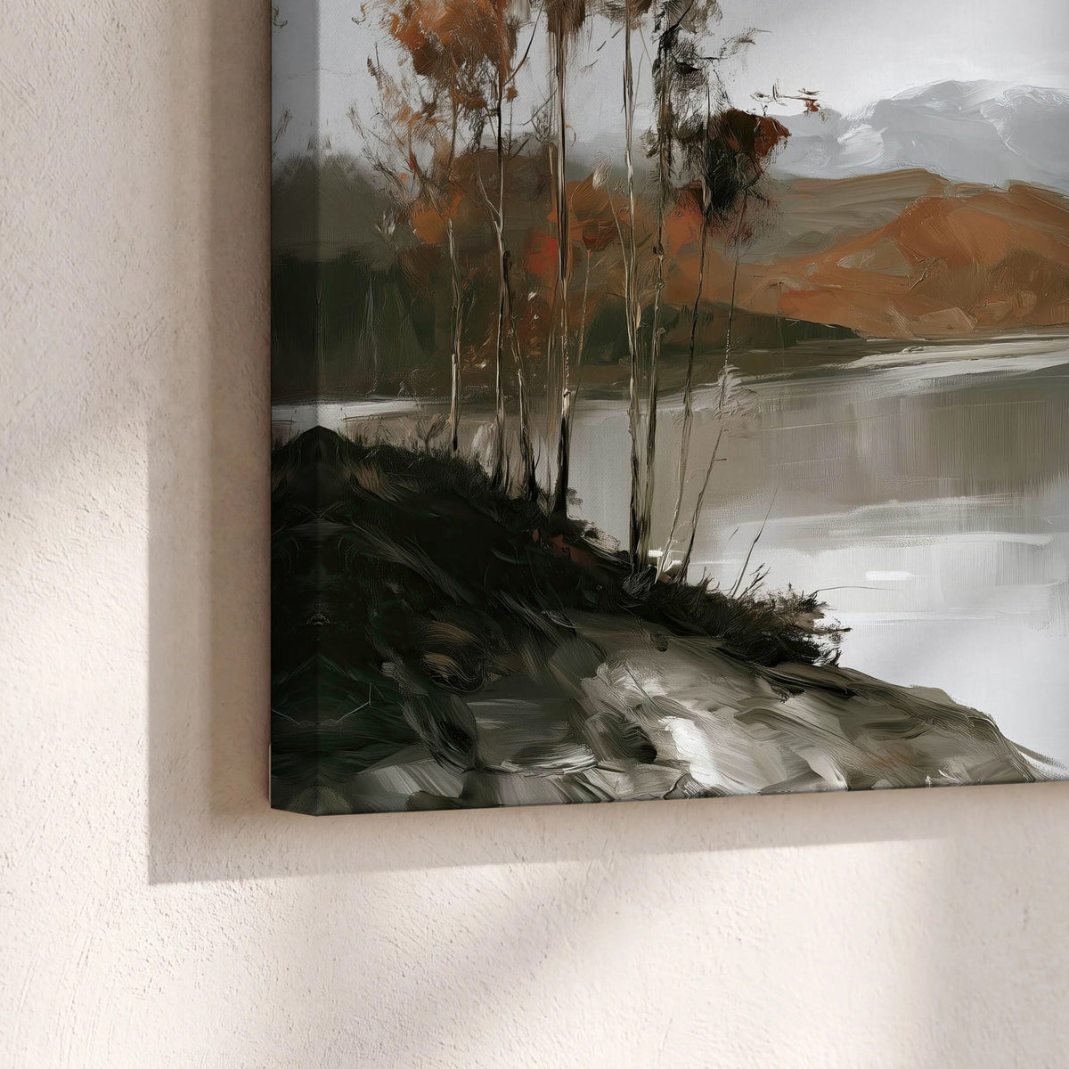 Misty mountain lake autumn painting canvas print close-up showing the gallery-wrapped edge