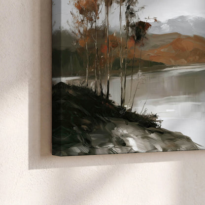 Misty mountain lake autumn painting canvas print close-up showing the gallery-wrapped edge