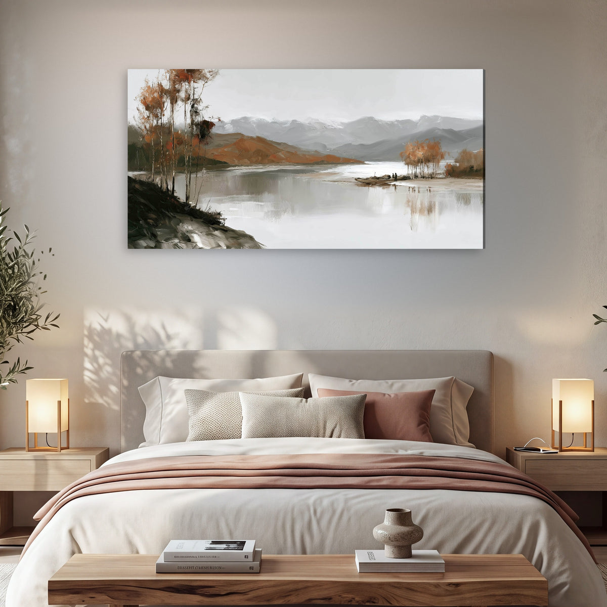Misty mountain lake autumn painting canvas wall art in a bedroom above the bed
