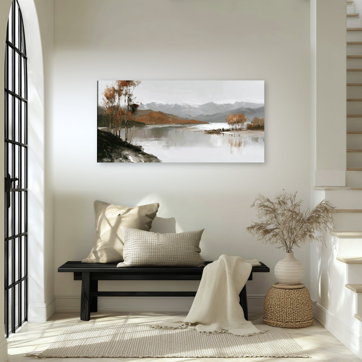 Misty mountain lake autumn painting canvas wall art in an entryway above a bench