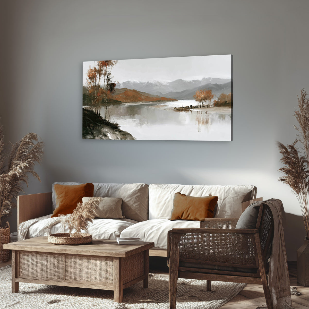 Misty mountain lake autumn painting canvas wall art in a rustic living room