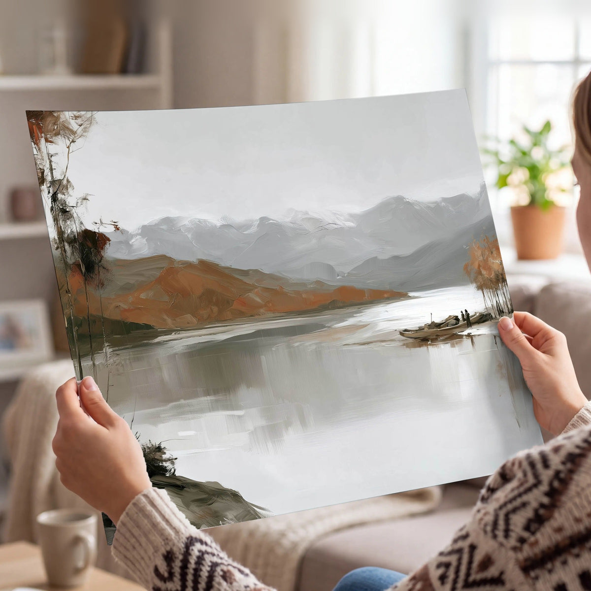 Misty mountain lake autumn painting poster print held in hands