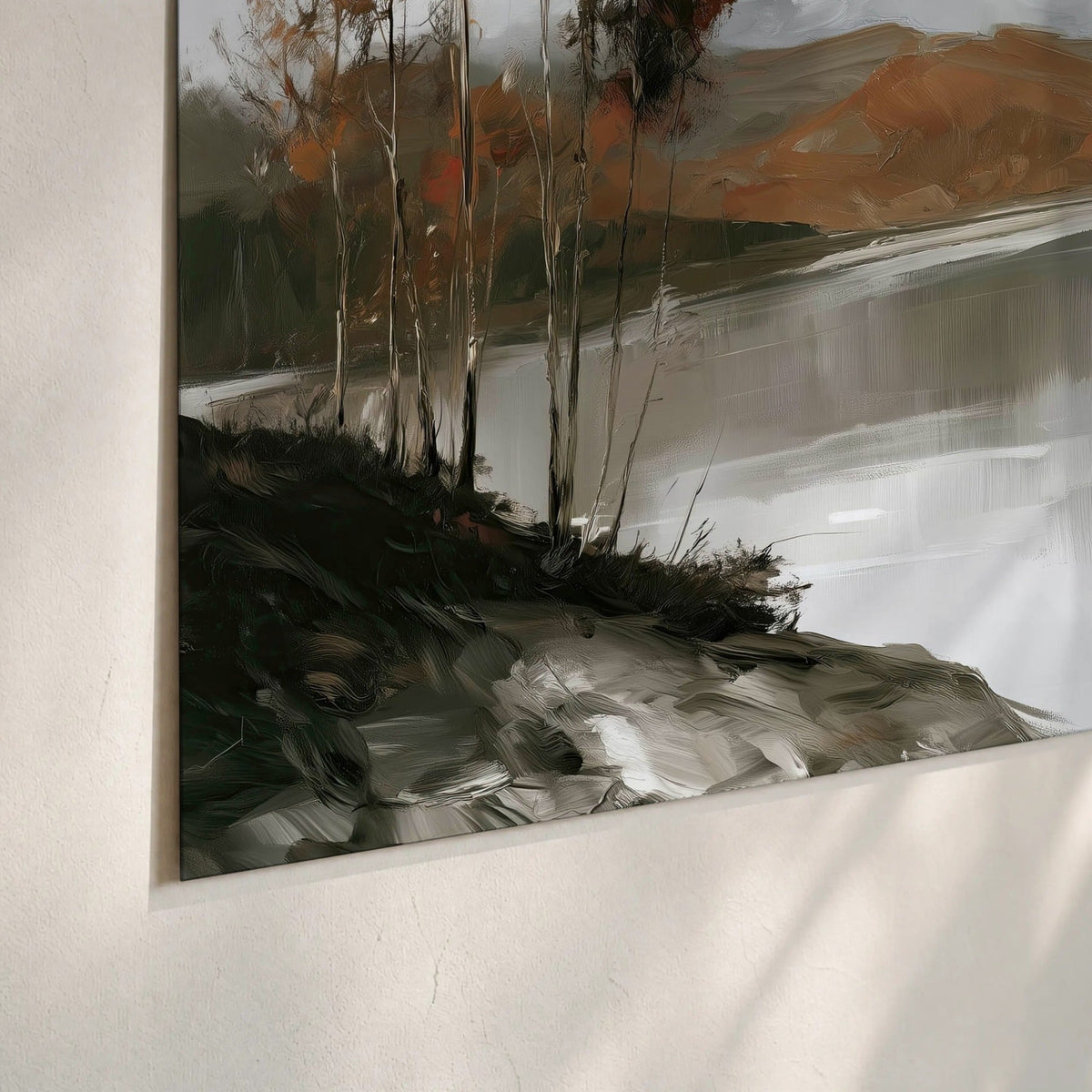 Misty mountain lake autumn painting poster print close-up on matte paper