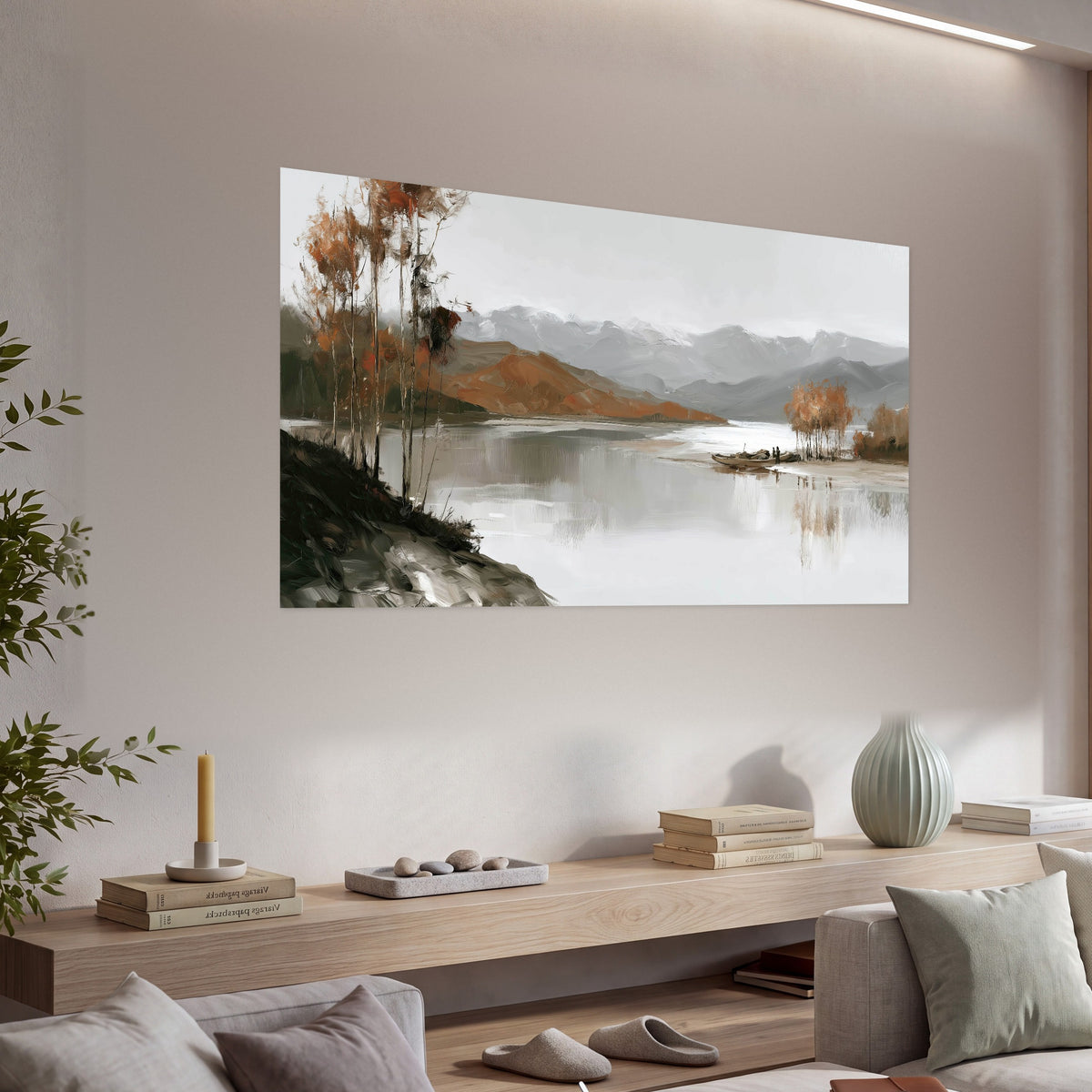 Misty mountain lake autumn painting poster print in a living room above a console