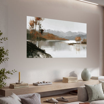 Misty mountain lake autumn painting poster print in a living room above a console