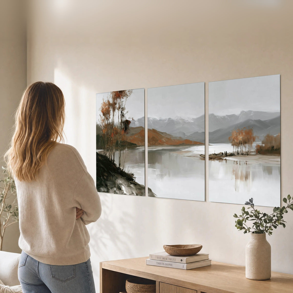 Misty mountain lake autumn painting set of 3 poster prints in a living room