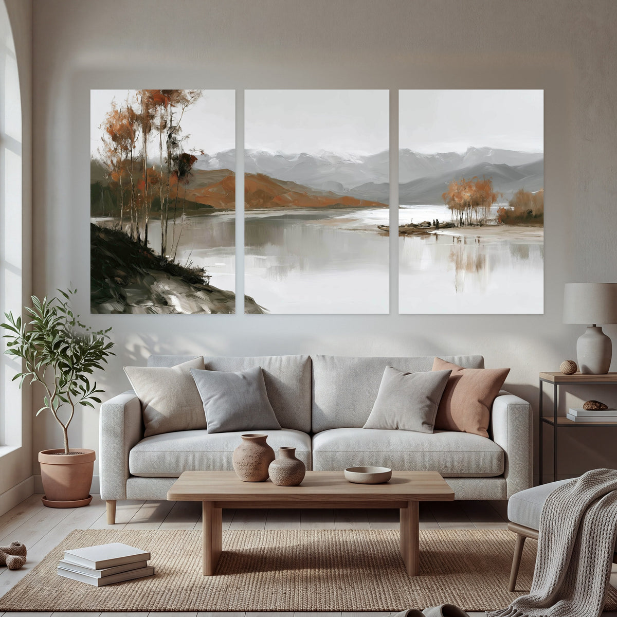 Misty mountain lake autumn painting set of 3 poster prints in a bright living room