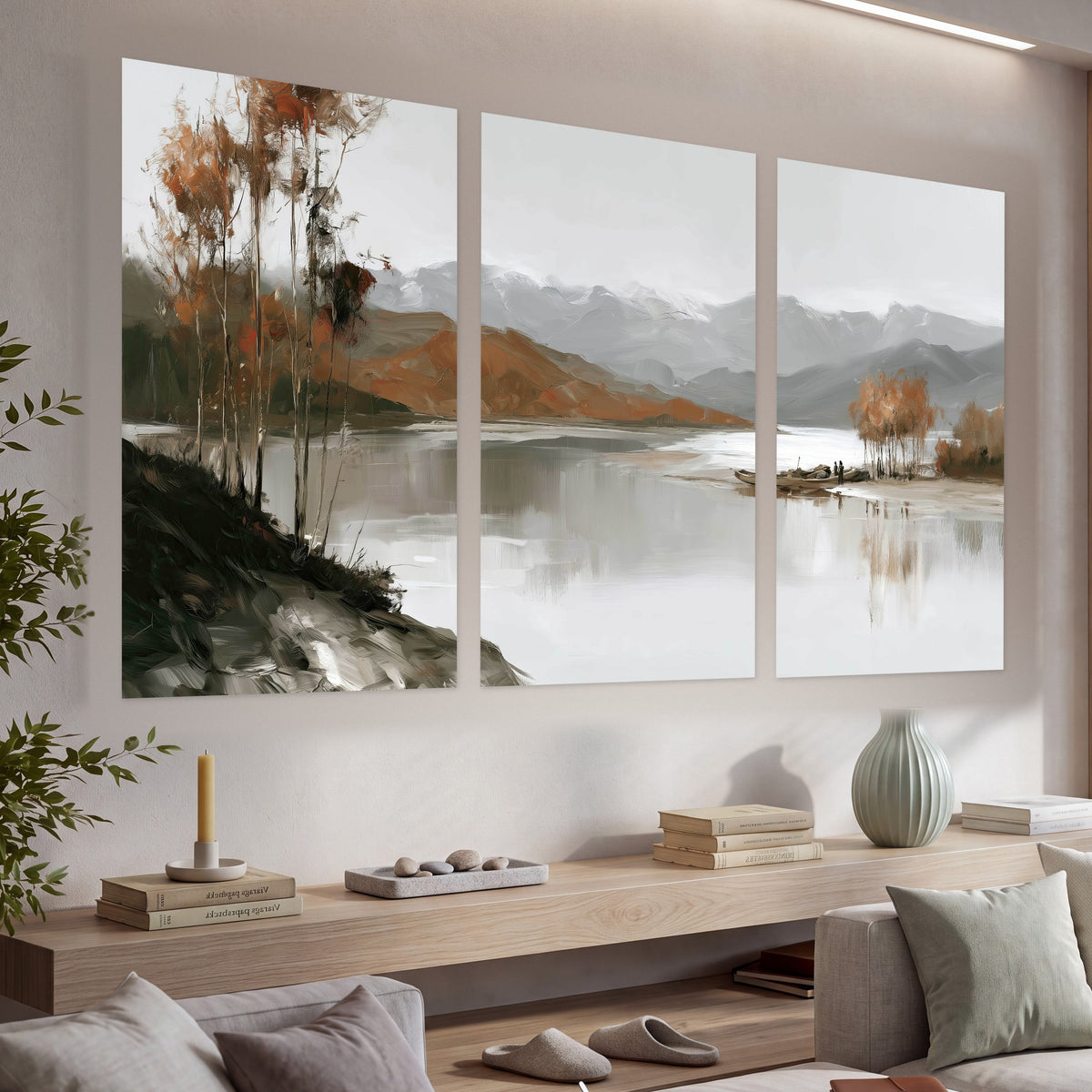 Misty mountain lake autumn painting set of 3 poster prints in a living room above a console