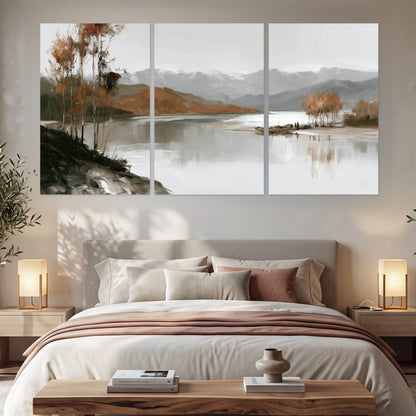 Misty mountain lake autumn painting set of 3 poster prints in a bedroom above the bed