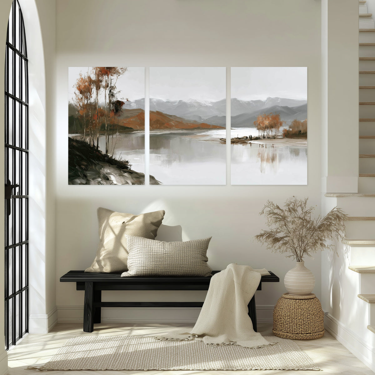 Misty mountain lake autumn painting set of 3 poster prints in an entryway above a bench