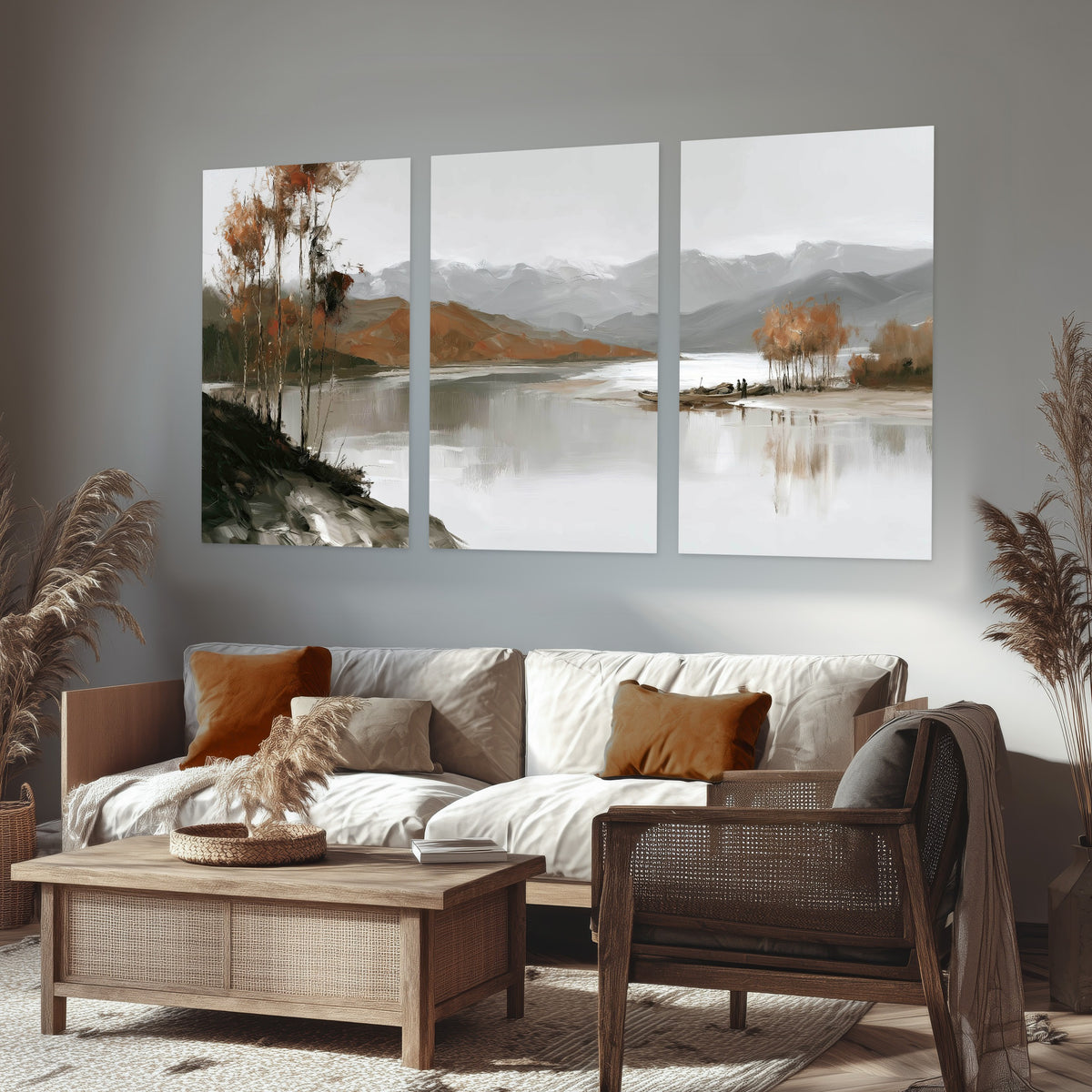 Misty mountain lake autumn painting set of 3 poster prints in a rustic living room