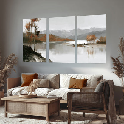 Misty mountain lake autumn painting set of 3 poster prints in a rustic living room