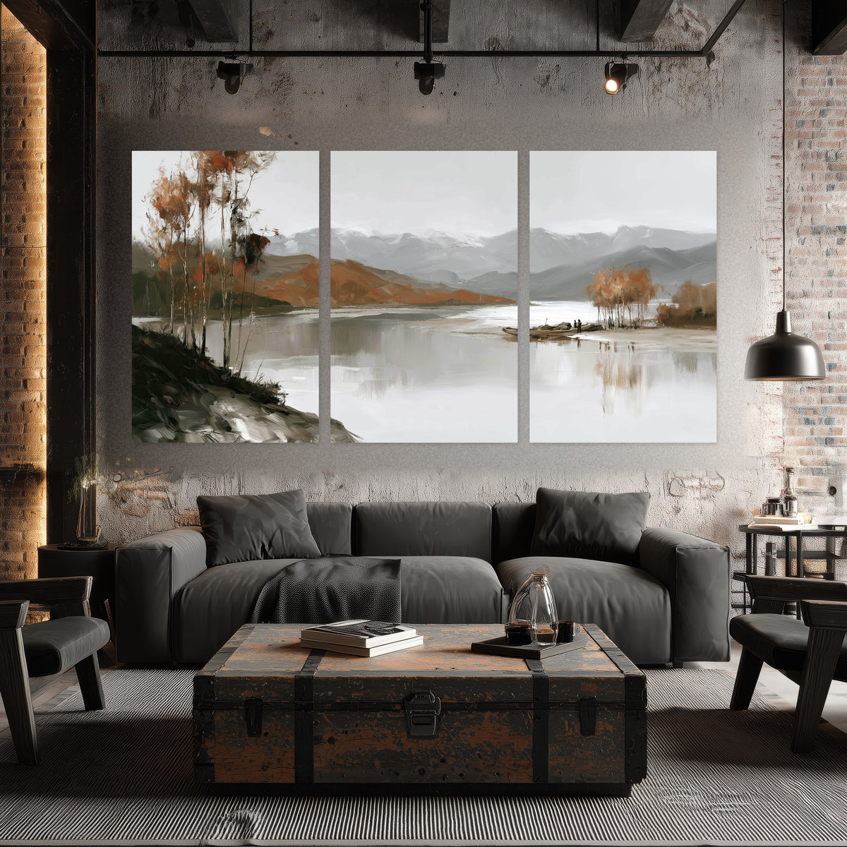 Misty mountain lake autumn painting set of 3 poster prints in an industrial loft