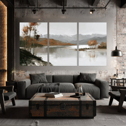 Misty mountain lake autumn painting set of 3 poster prints in an industrial loft