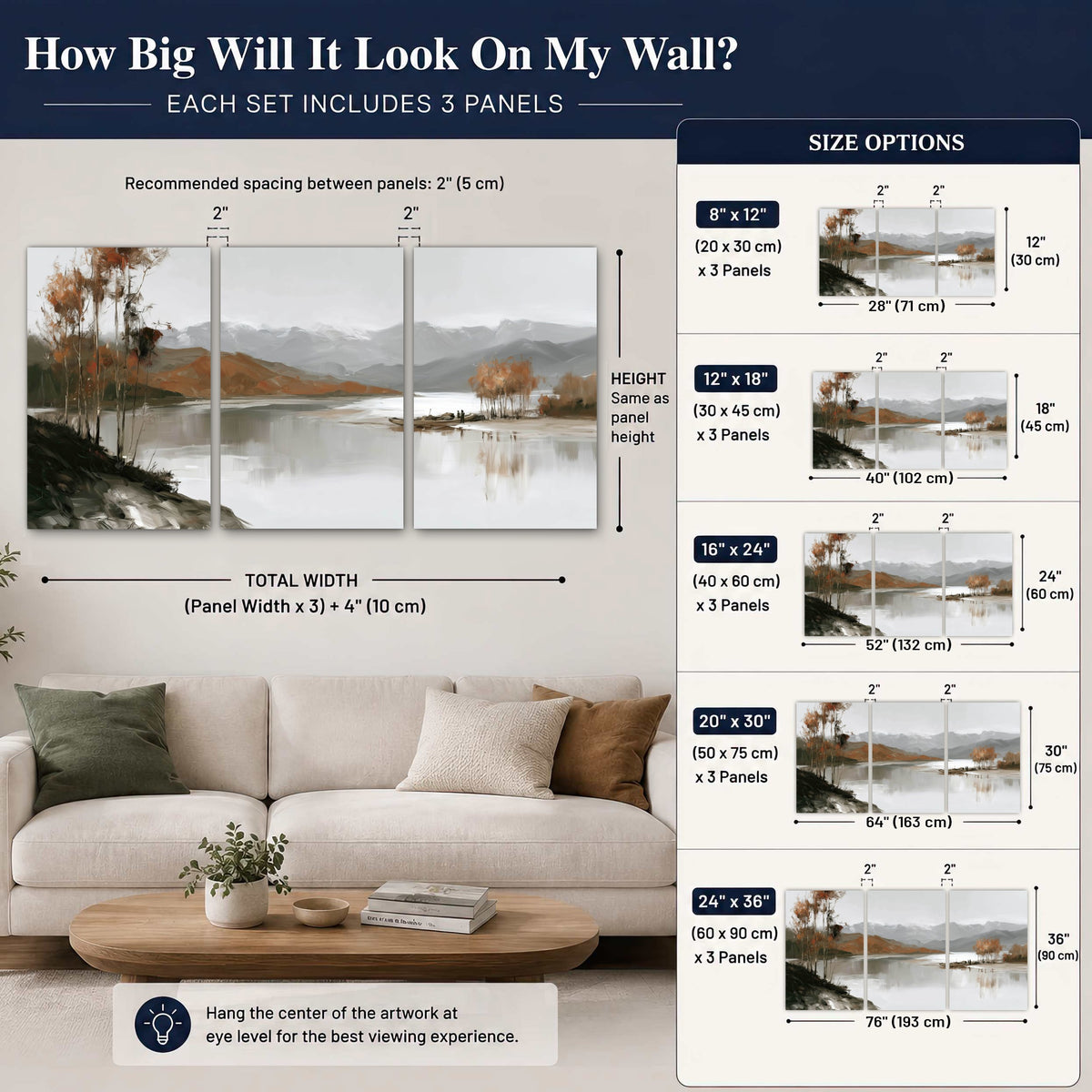 Misty mountain lake autumn painting set of 3 poster prints size guide above a sofa