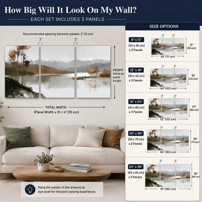 Misty mountain lake autumn painting set of 3 poster prints size guide above a sofa